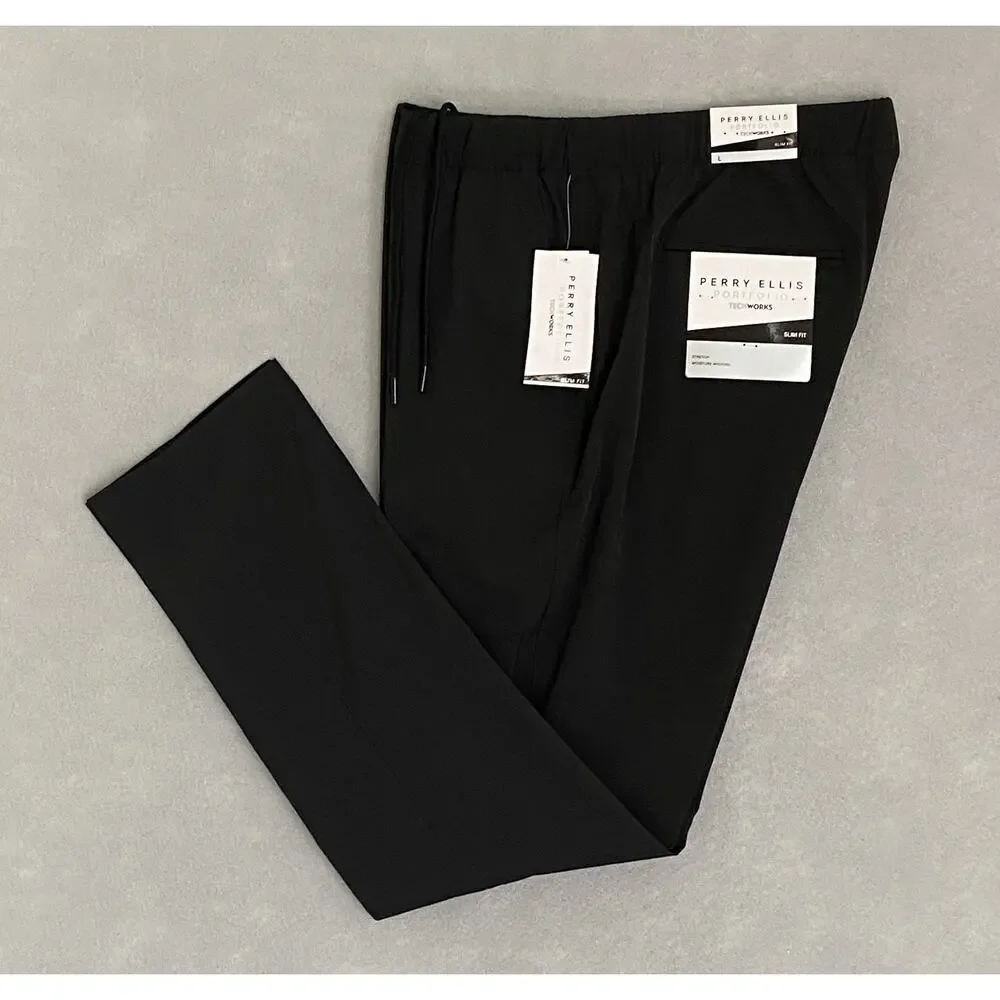 Perry Ellis Men's Large Techworks Pant Slim Fit Stretch Drawstring Black NEW